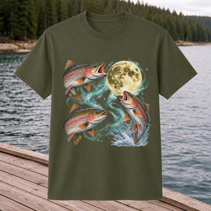 Rainbow Trout Under the Full Moon Fishing Graphic T-Shirt