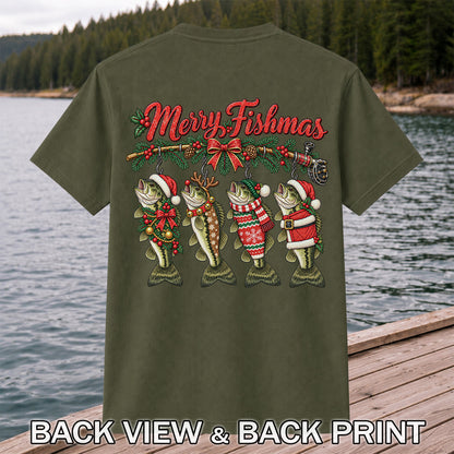 Merry Fishmas Christmas Bass Fishing Graphic T-Shirt | Back Print