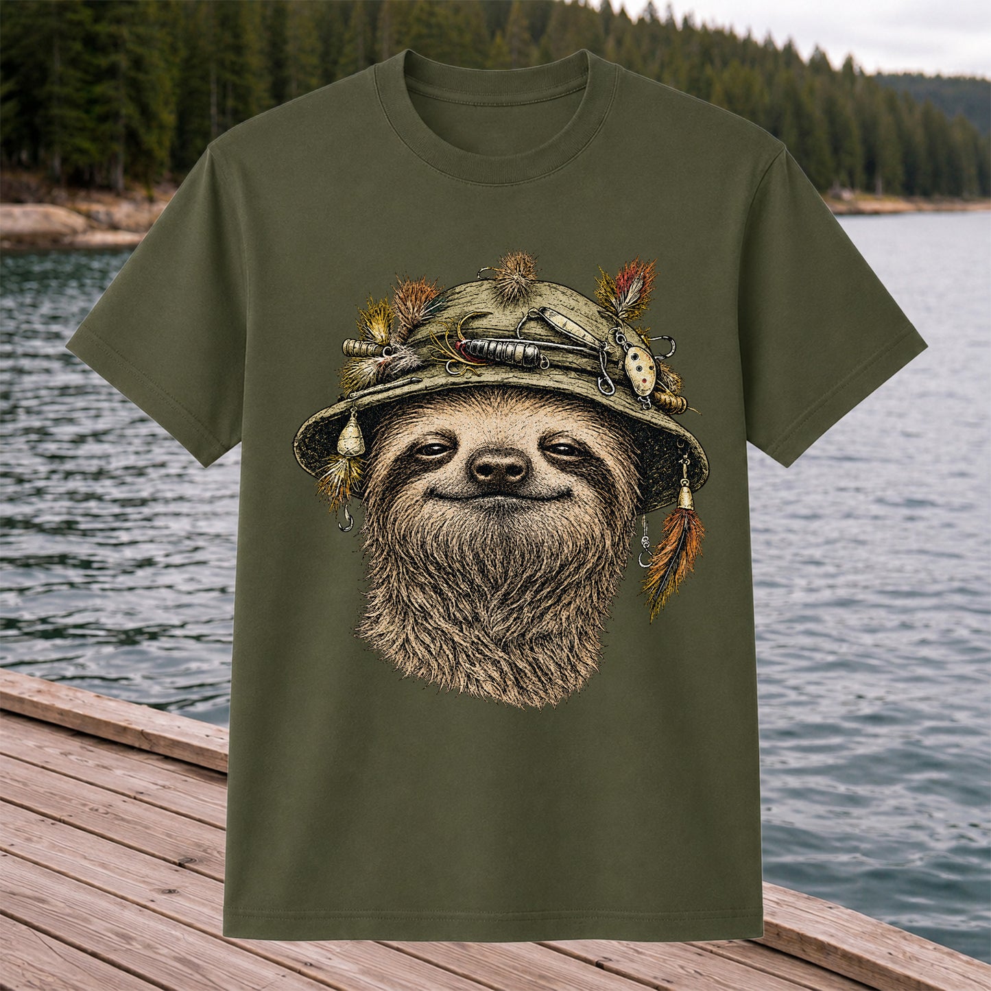 Sloth Wearing a Fishing Lure Hat Hand-Drawn Graphic T-Shirt