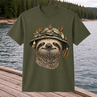 Sloth Wearing a Fishing Lure Hat Hand-Drawn Graphic T-Shirt