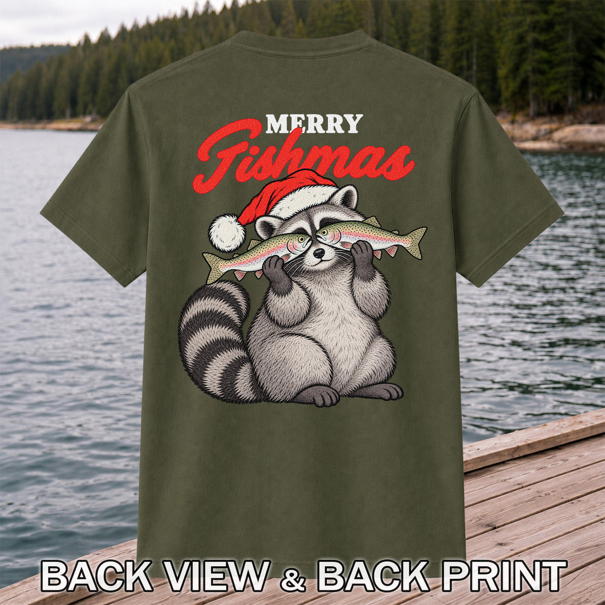 Santa Raccoon Holding Fish Christmas Fishing Graphic T-Shirt | Back Print