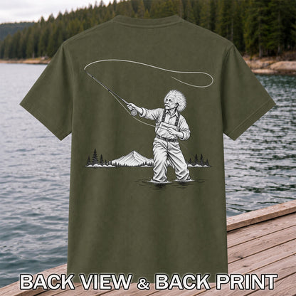 Vintage Fly Fisherman Mountain Lake Fishing Graphic T-Shirt | Back Print
