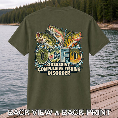 OCFD Obsessive Compulsive Fishing Disorder Bass and Trout T-Shirt | Back Print