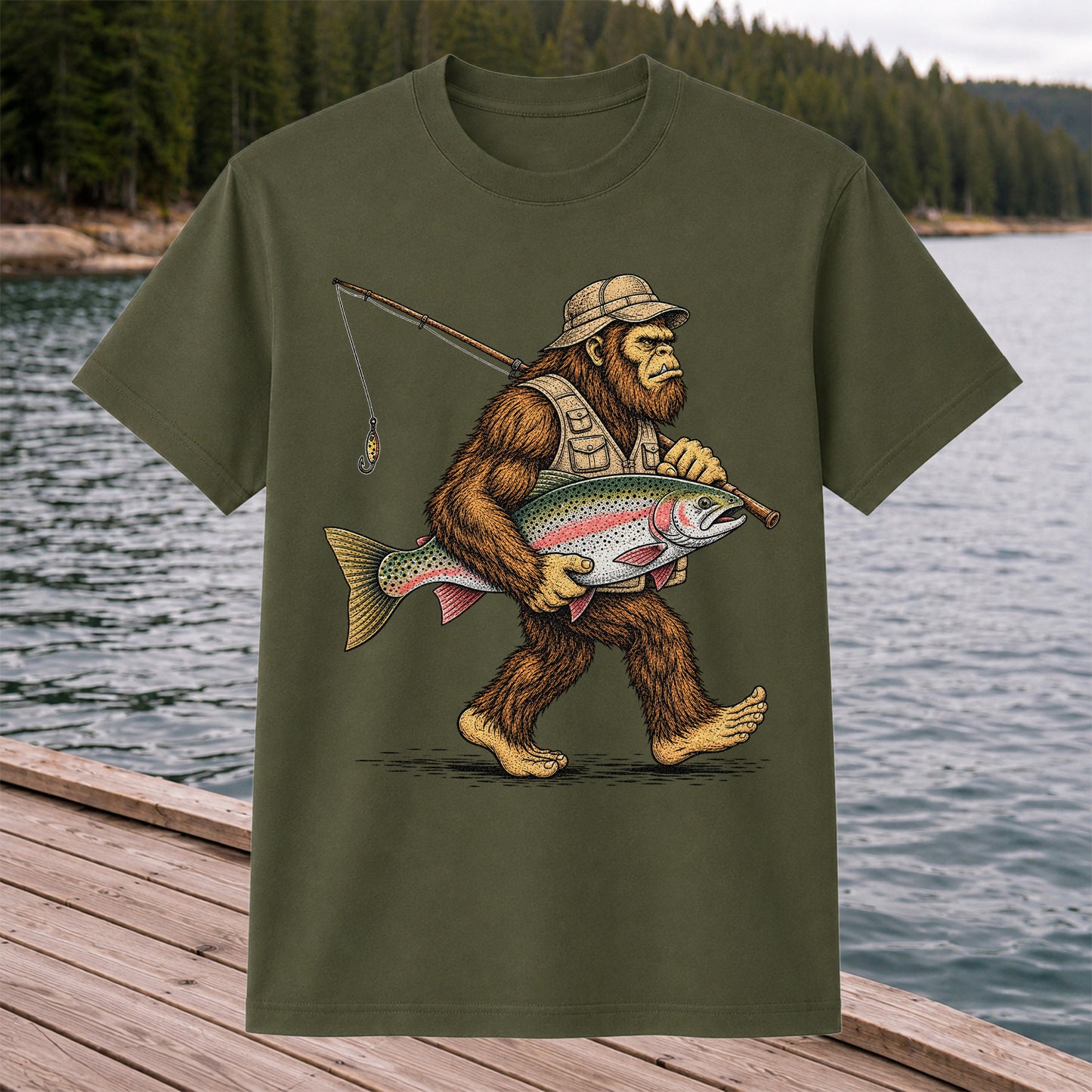 Bigfoot Holding Rainbow Trout Vintage Fishing Graphic T-Shirt