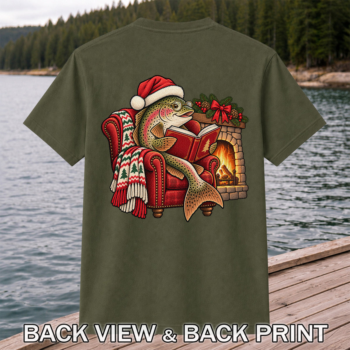 Christmas Trout Reading by the Fireplace Fishing T-Shirt | Back Print