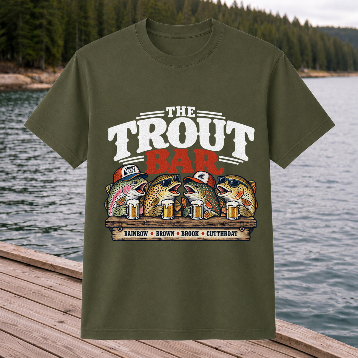 The Trout Bar Rainbow Brown Brook Cutthroat Funny Fishing T-Shirt