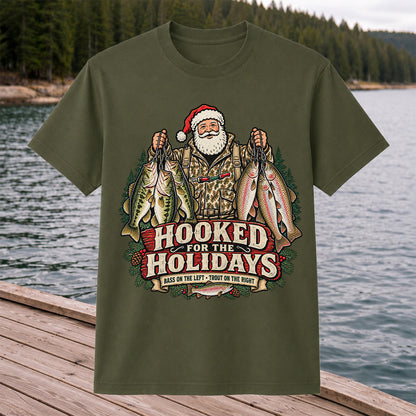 Hooked for the Holidays Bass on the Left Trout on the Right Santa Christmas Fishing T-Shirt