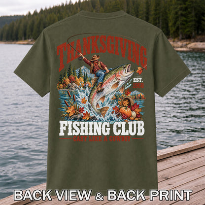 Thanksgiving Cowboy Trout Fishing Club Graphic T-Shirt | Back Print