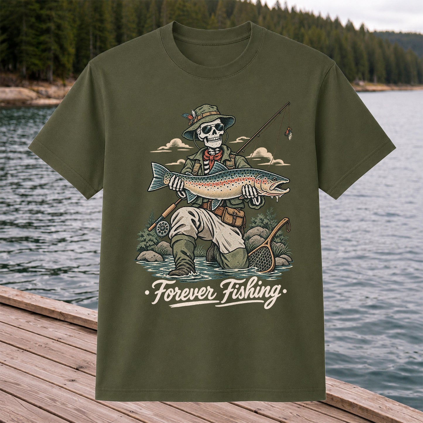 Forever Fishing Skeleton Angler with Rainbow Trout Graphic T-Shirt