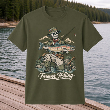 Forever Fishing Skeleton Angler with Rainbow Trout Graphic T-Shirt