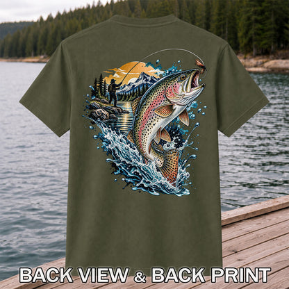 Leaping Rainbow Trout Mountain River Fly Fishing Graphic T-Shirt | Back Print
