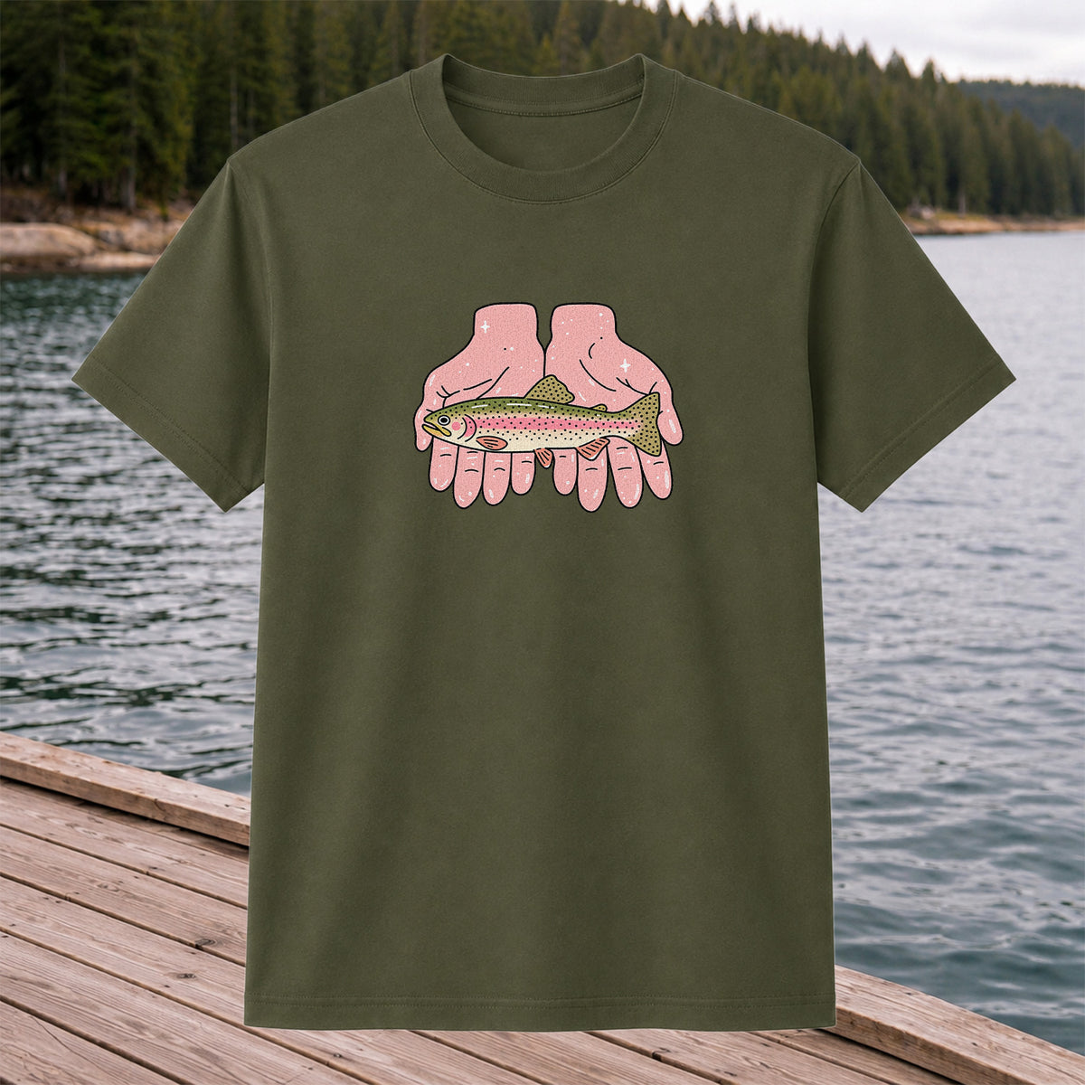 Rainbow Trout Held in Pink Hands Fishing Graphic T-Shirt