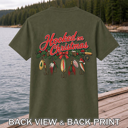 Hooked on Christmas Fishing Lure Ornaments Graphic T-Shirt | Back Print
