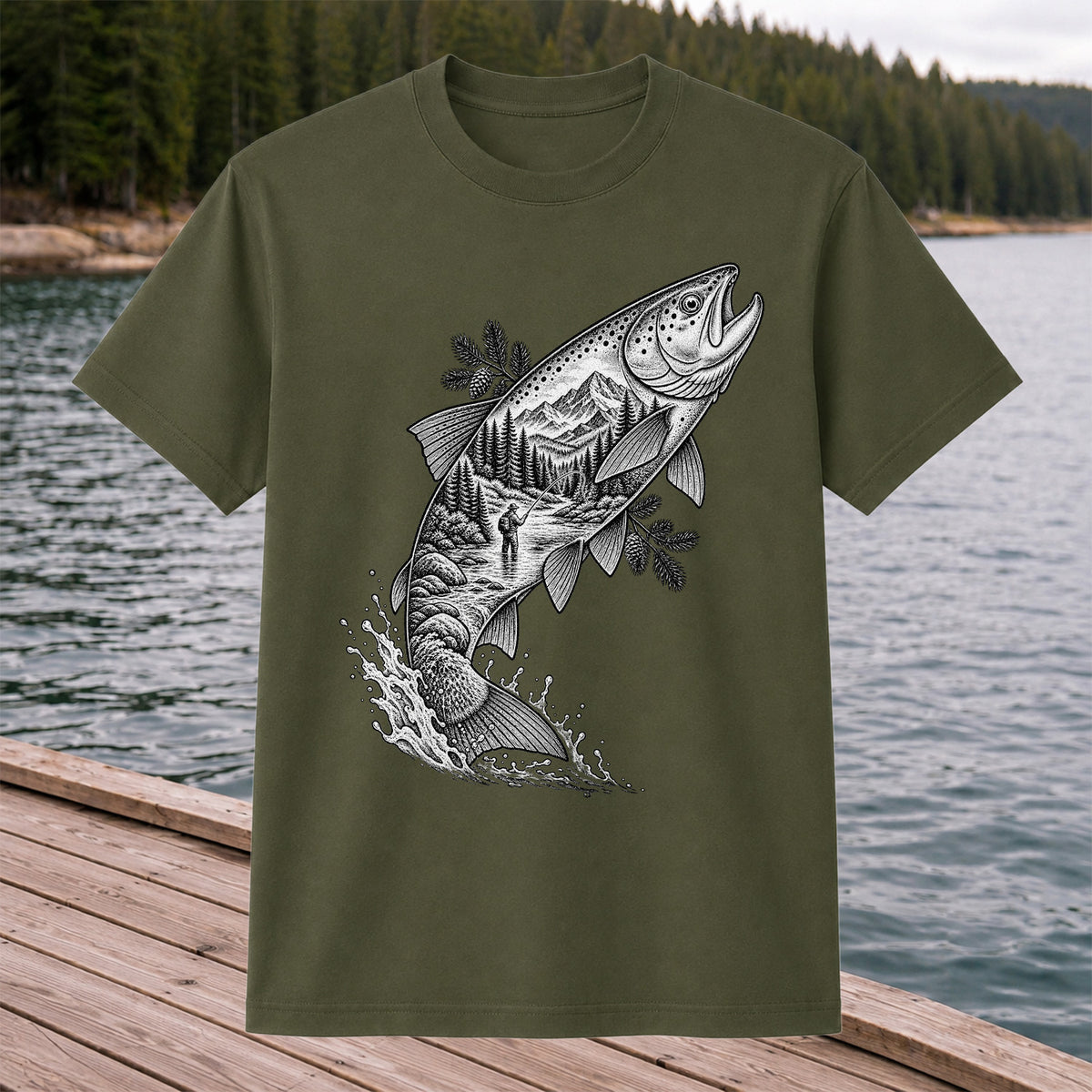 Leaping Trout with Mountain River and Angler Fishing Graphic T-Shirt