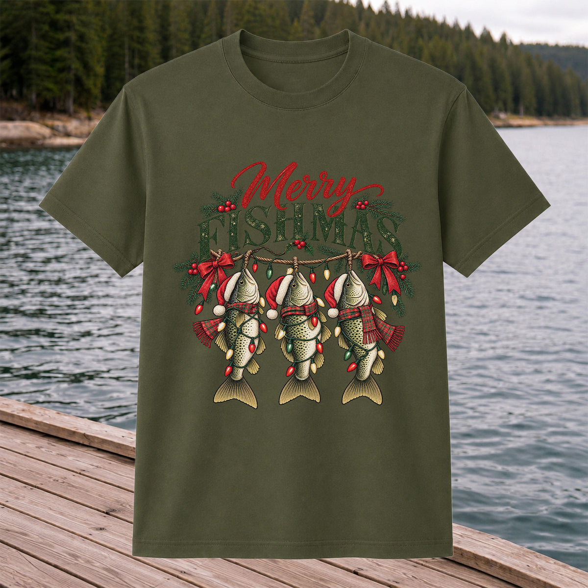 Merry Fishmas Christmas Trout Fishing Graphic T-Shirt