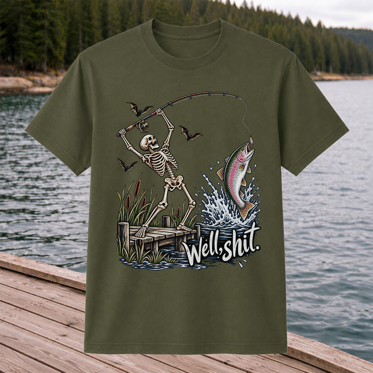 Well Shit Skeleton Catching a Rainbow Trout Funny Fishing T-Shirt