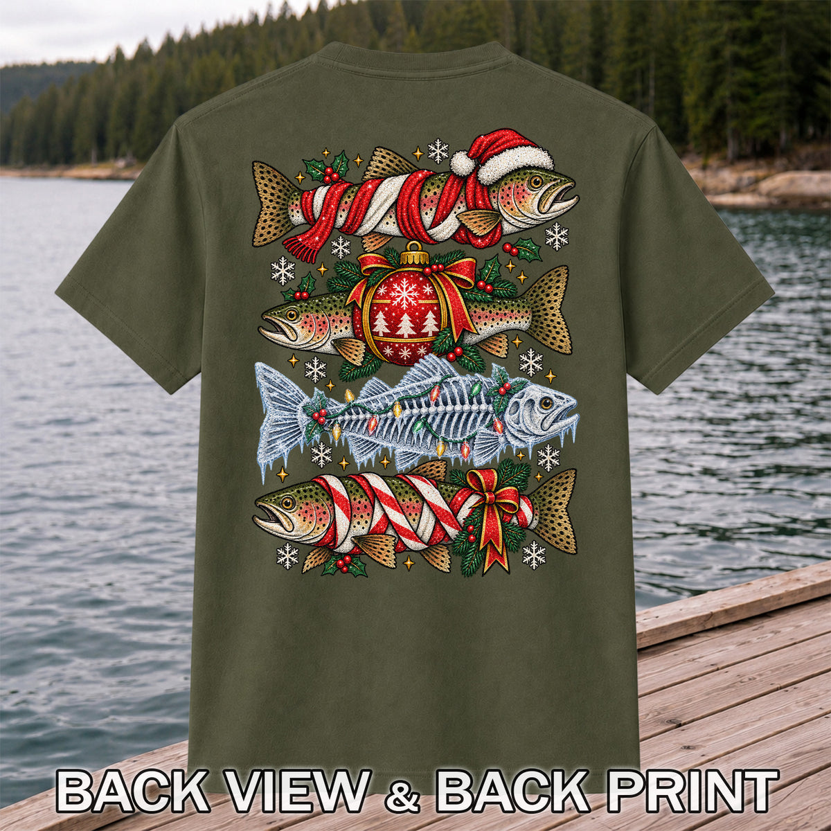 Christmas Rainbow Trout and Fish Skeleton Fishing Graphic T-Shirt | Back Print