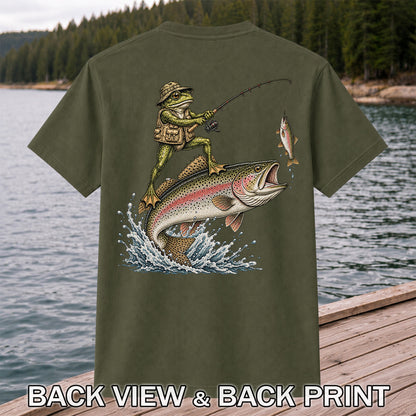 Frog Angler Riding a Rainbow Trout Fishing Graphic T-Shirt | Back Print