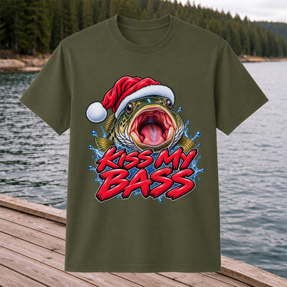 Kiss My Bass Santa Hat Funny Christmas Fishing T-Shirt