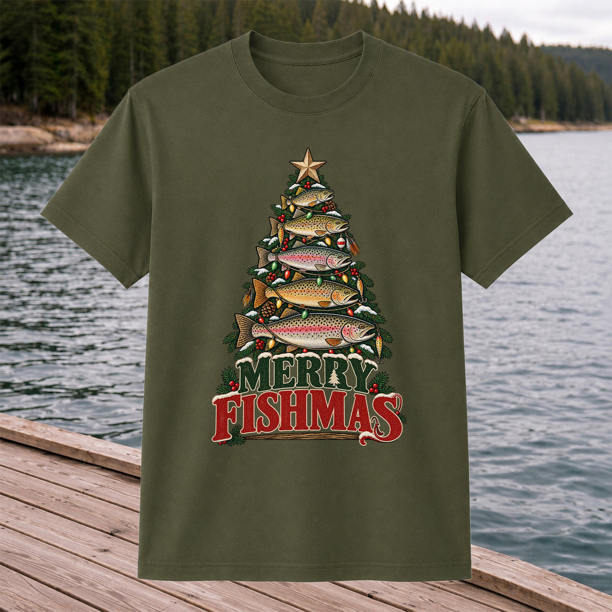 Merry Fishmas Trout Christmas Tree Fishing T-Shirt