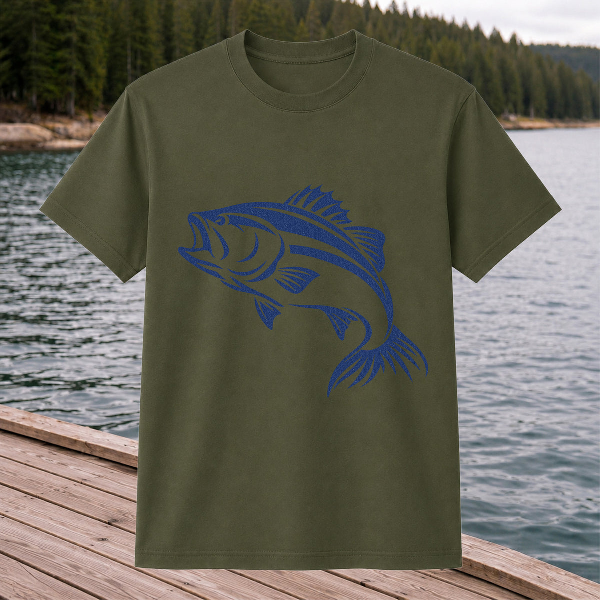 Blue Bass Fishing Line Art Graphic T-Shirt
