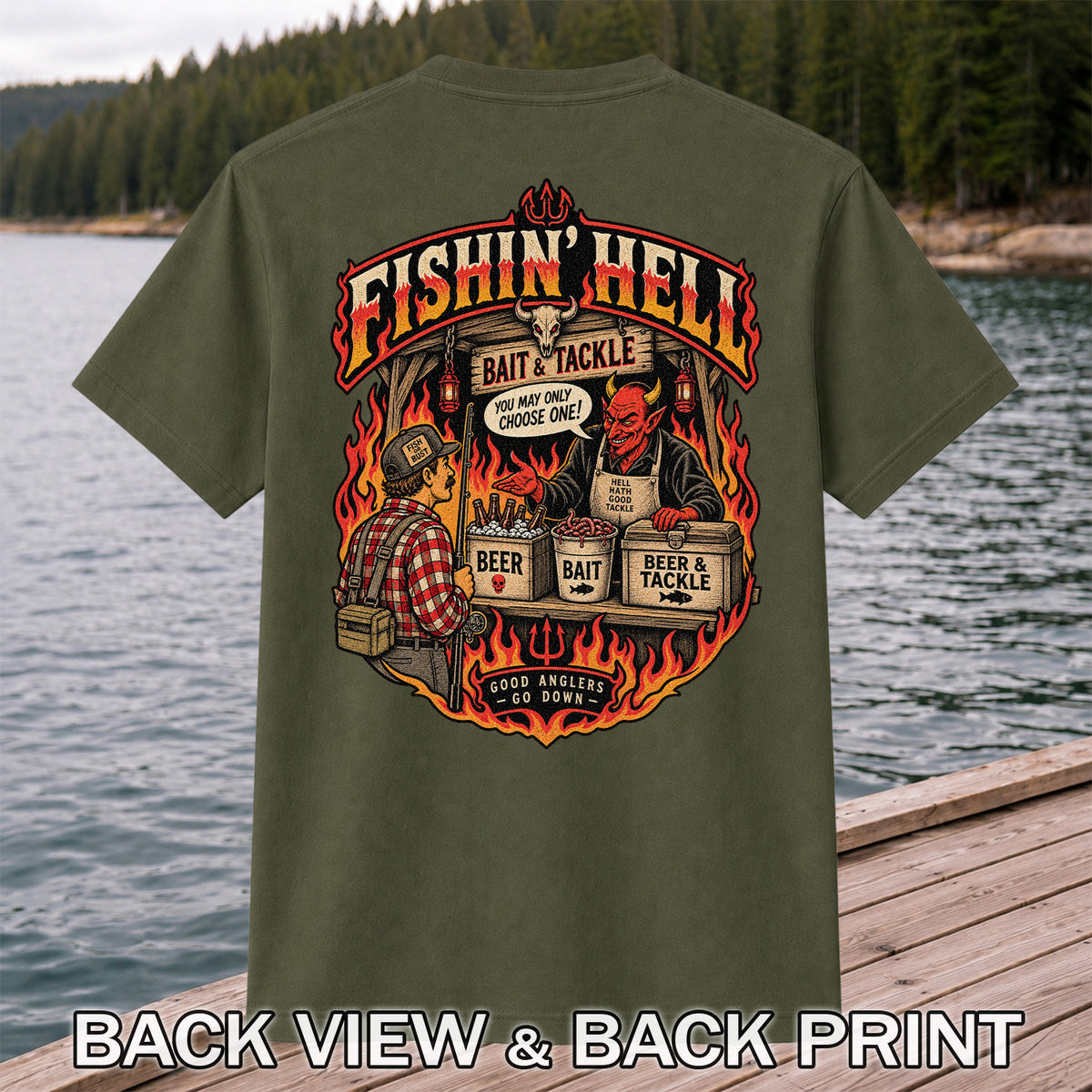 Fishin' Hell Devil Bait and Tackle Funny Fishing T-Shirt | Back Print
