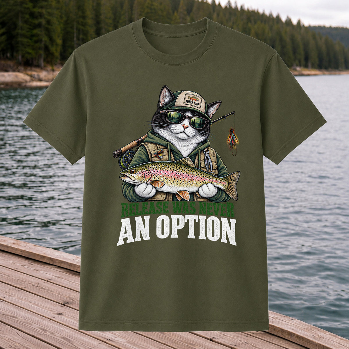 Release Was Never an Option Cat and Trout Funny Fishing T-Shirt