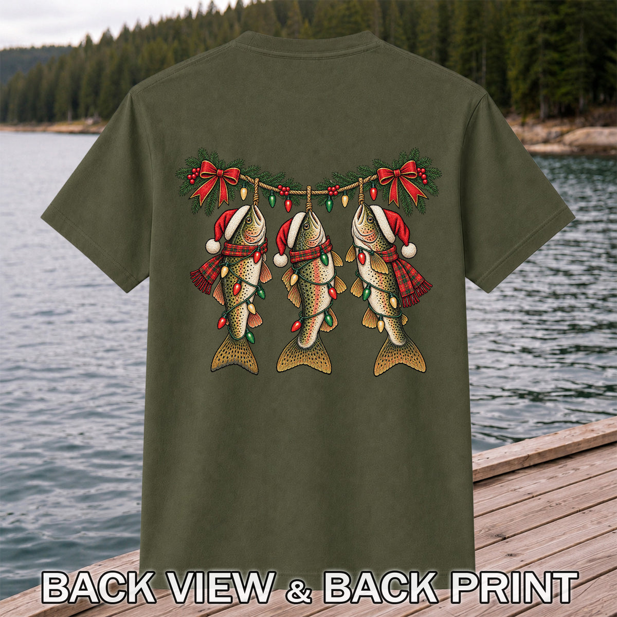 Festive Trout String Lights Christmas Fishing T-Shirt | Back Print