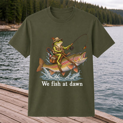We Fish at Dawn Frog Riding a Rainbow Trout Funny Fishing T-Shirt