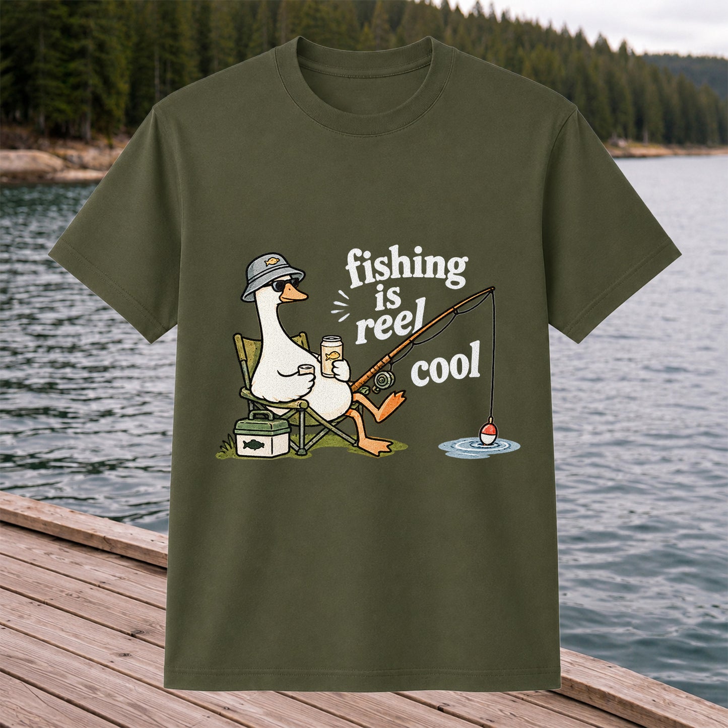 Fishing Is Reel Cool Funny Fishing Goose Graphic T-Shirt