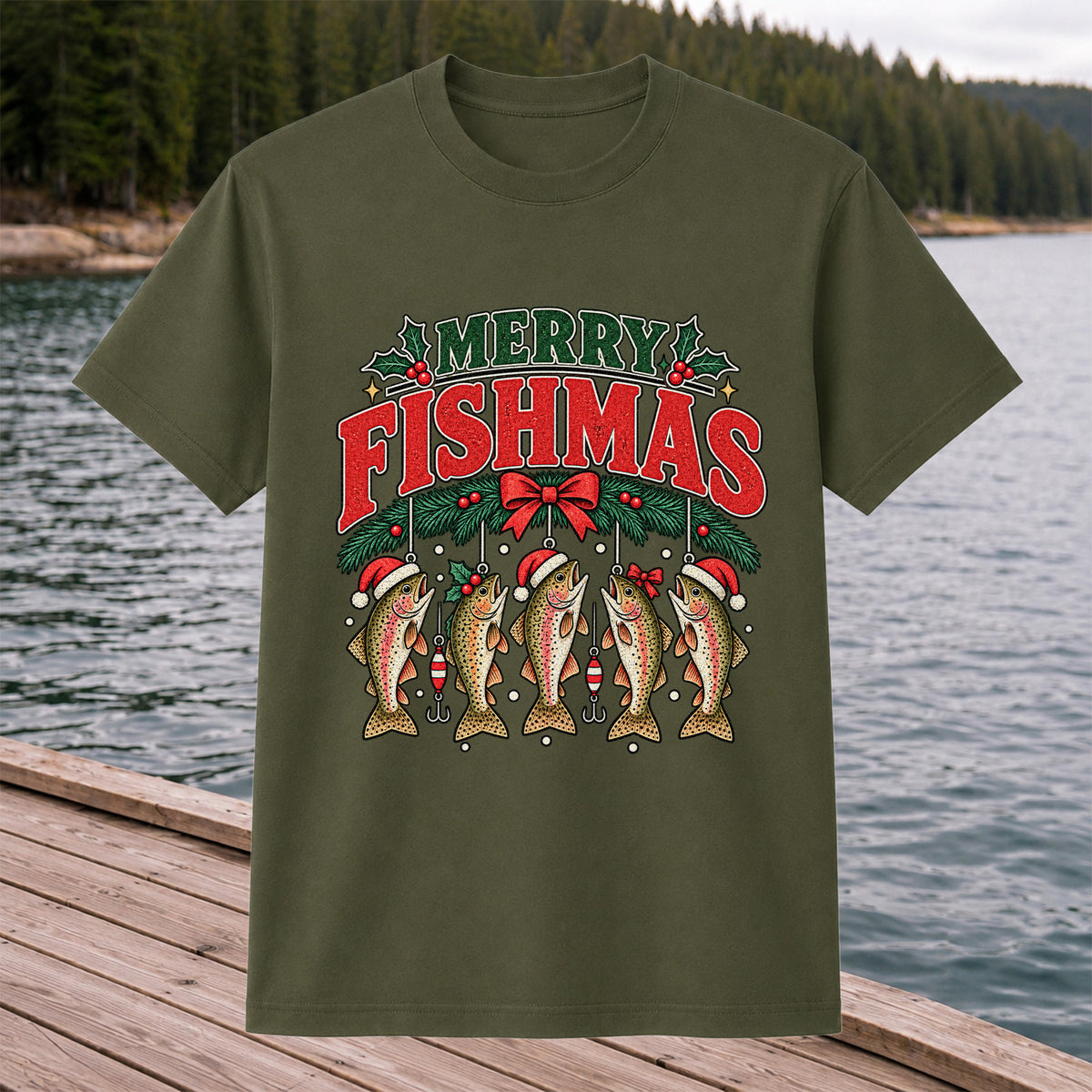 Merry Fishmas Christmas Rainbow Trout Fishing T-Shirt