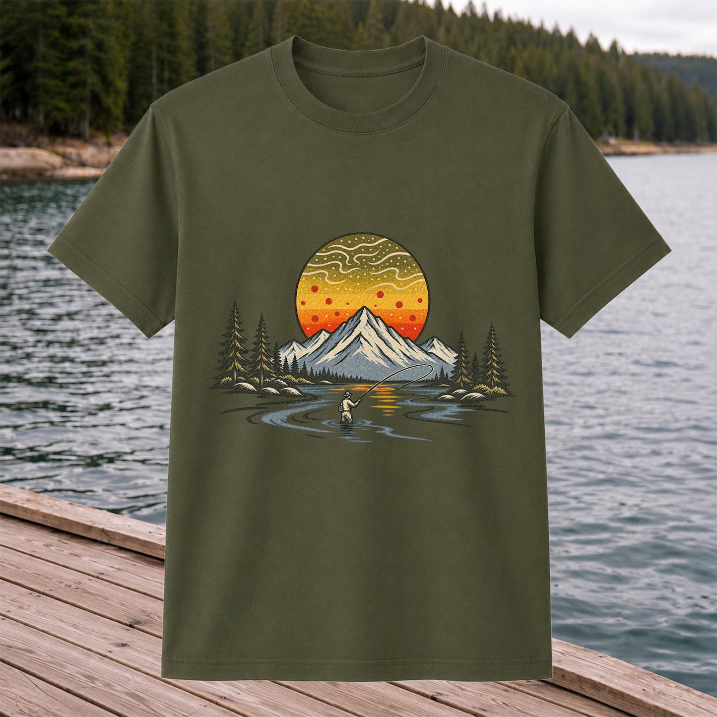 Mountain Sunset Fly Fishing Angler Graphic T-Shirt