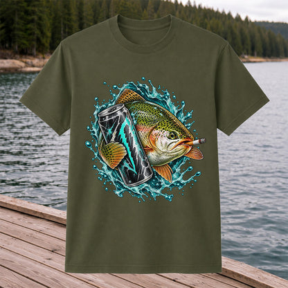 Rainbow Trout with Cigarette and Energy Drink Fishing T-Shirt