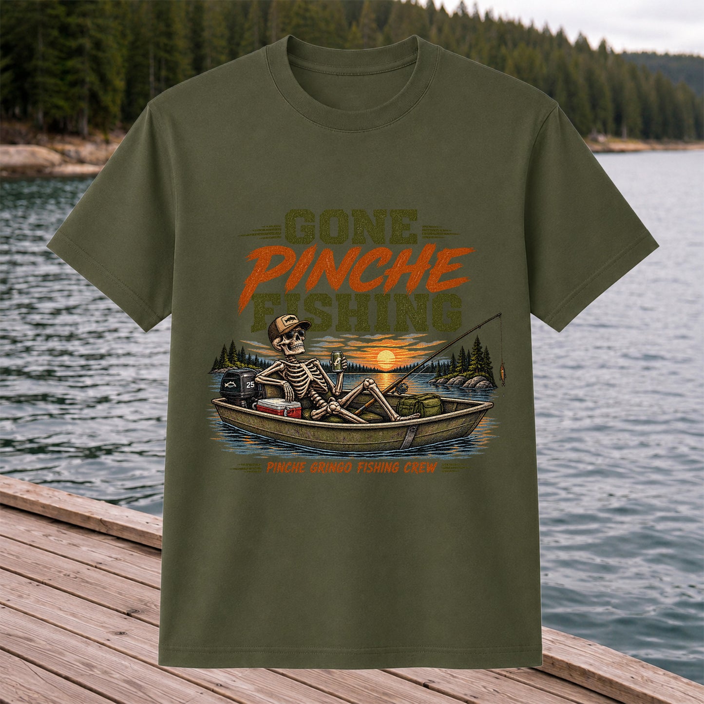 Gone Pinche Fishing Crew Skeleton in a Fishing Boat Graphic T-Shirt