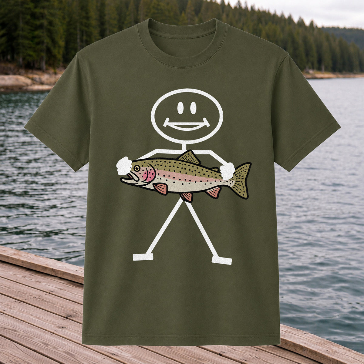 Stick Figure Holding a Rainbow Trout Fishing T-Shirt