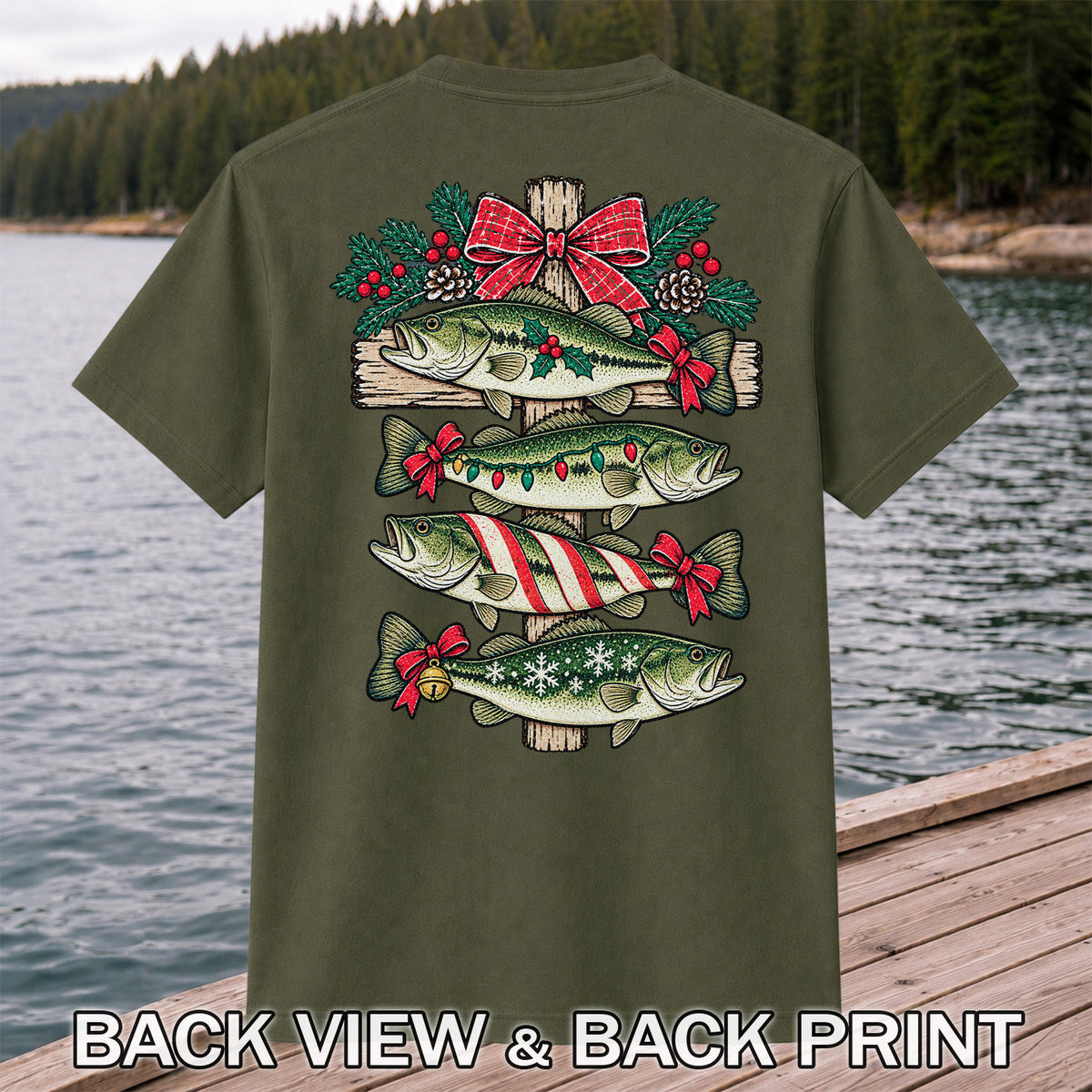 Christmas Bass Fishing Sign Holiday Graphic T-Shirt | Back Print