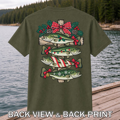 Christmas Bass Fishing Sign Holiday Graphic T-Shirt | Back Print