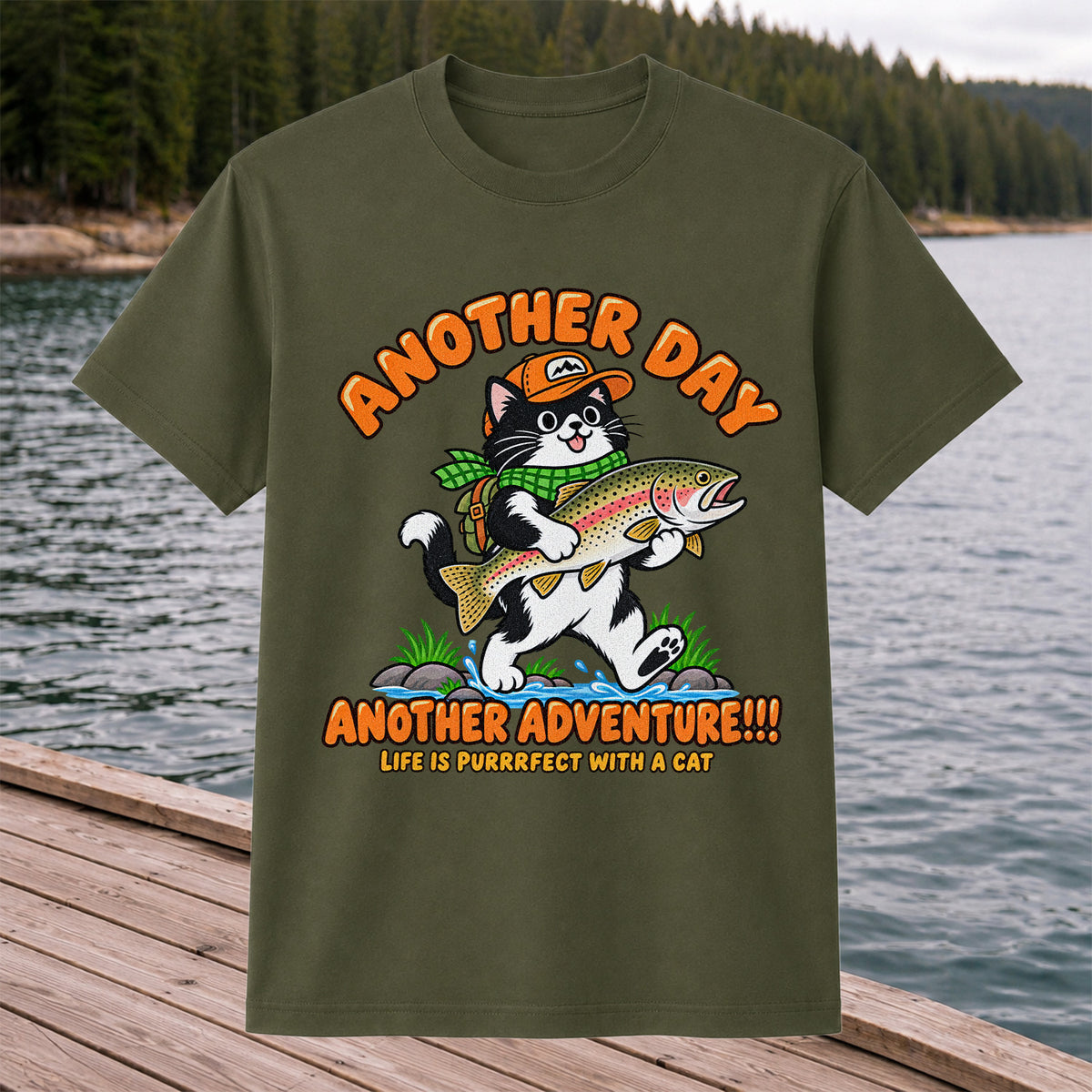 Another Day Another Adventure Cat and Trout Fishing Graphic T-Shirt