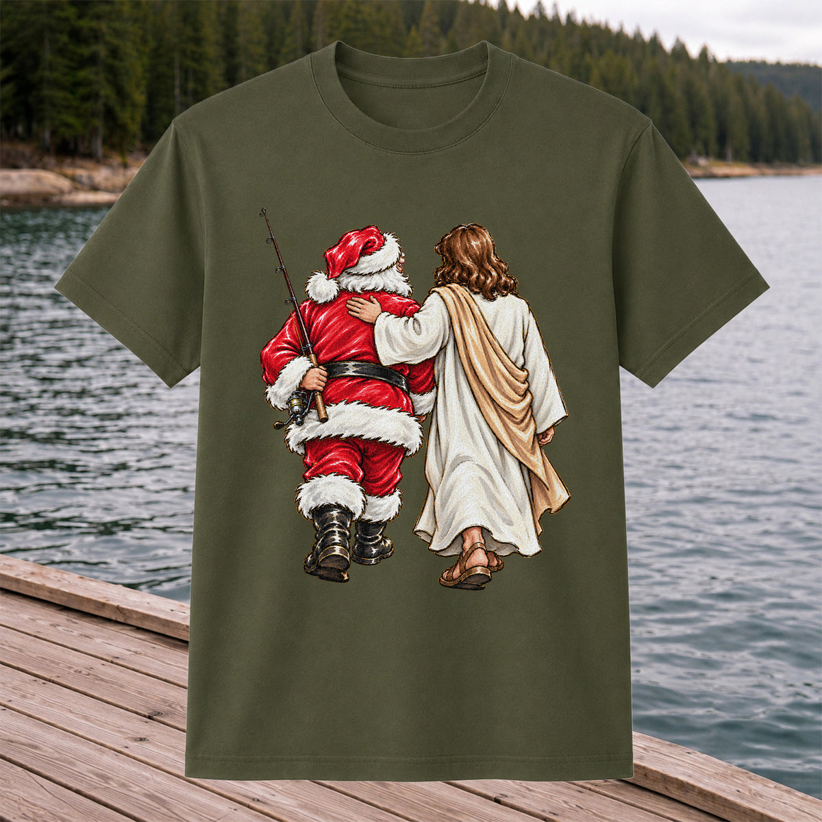 Santa and Robed Companion Fishing Graphic T-Shirt