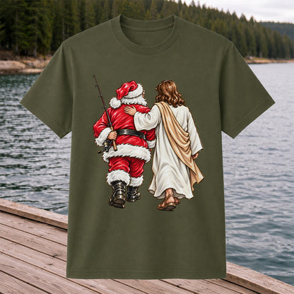Santa and Robed Companion Fishing Graphic T-Shirt
