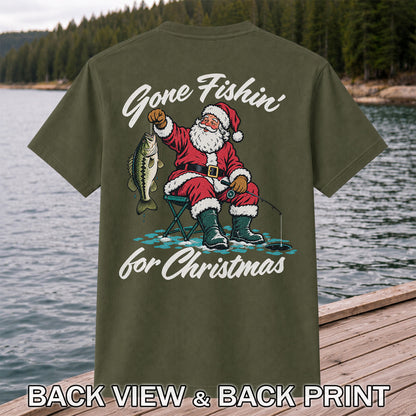 Santa Fishing with Bass Christmas Graphic T-Shirt | Back Print