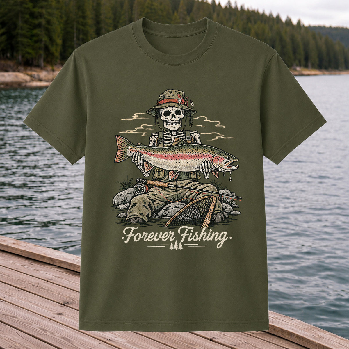 Forever Fishing Skeleton Holding Rainbow Trout Graphic T-Shirt
