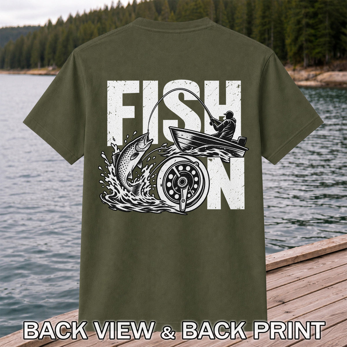 Fish On Jumping Trout and Fishing Boat Graphic T-Shirt | Back Print