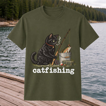 Catfishing Smoking Black Cat with Fishing Rod Funny T-Shirt