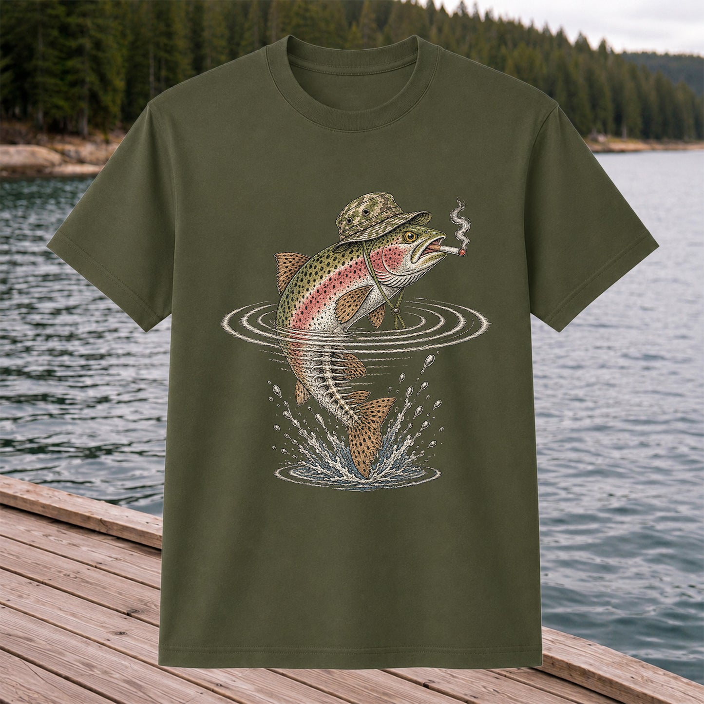 Cigar Smoking Trout in Fishing Hat Graphic T-Shirt