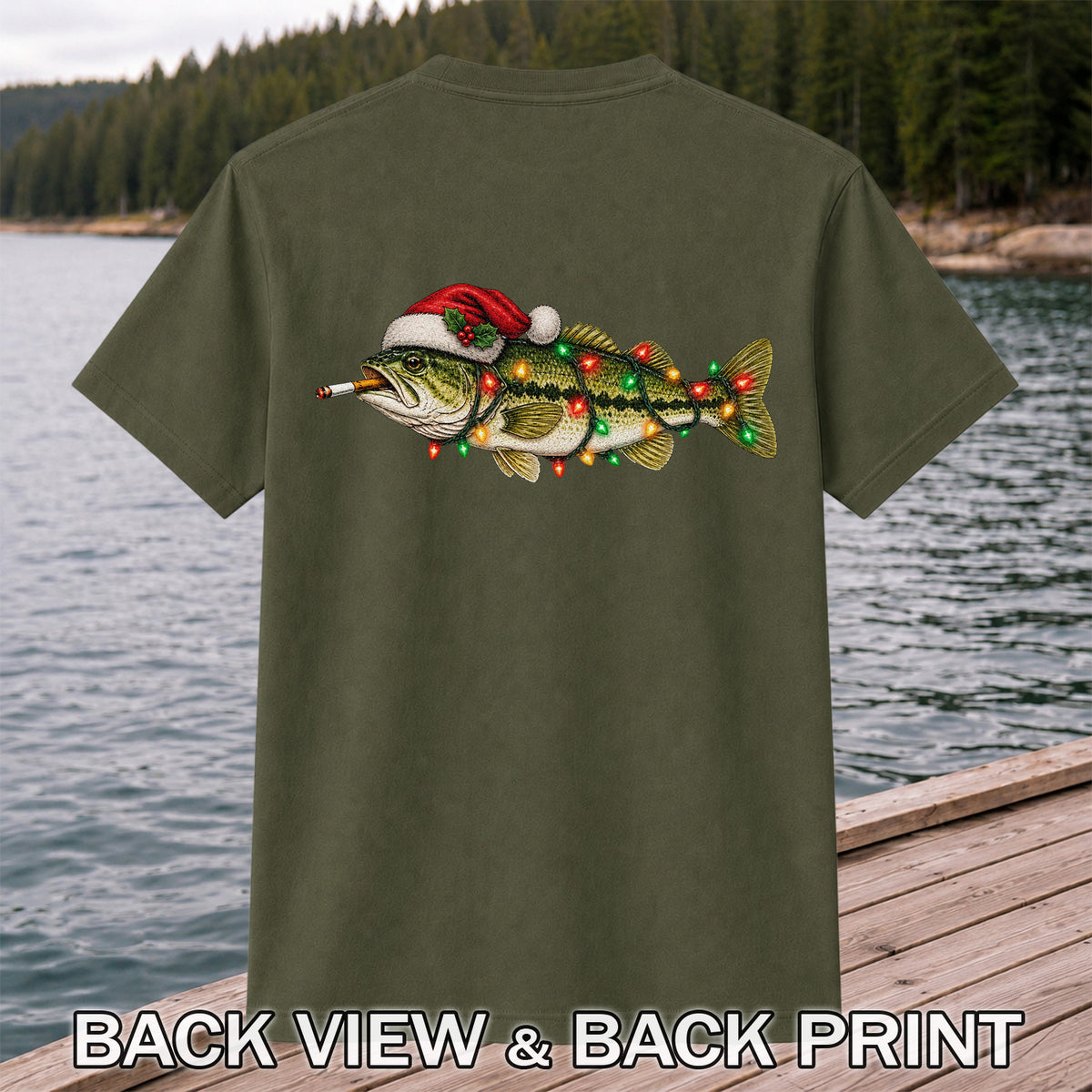 Christmas Bass Fishing Lights and Santa Hat Graphic T-Shirt | Back Print