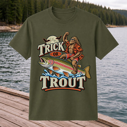 Trick or Trout Bigfoot Riding a Rainbow Trout Halloween Fishing T-Shirt