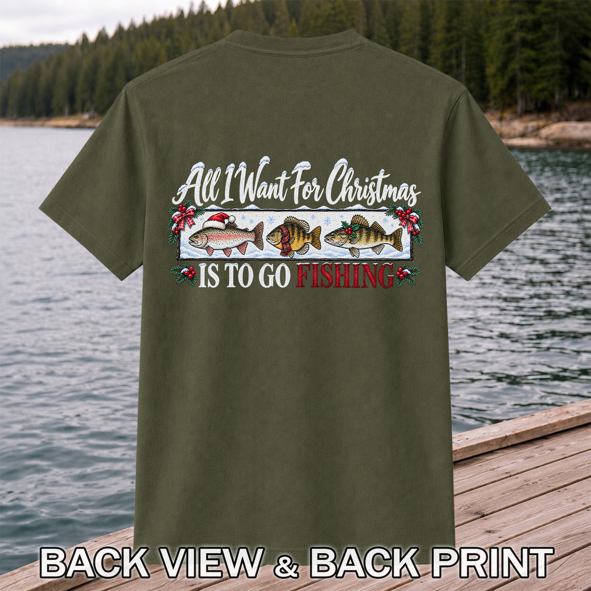Christmas Freshwater Fish Fishing Graphic T-Shirt | Back Print