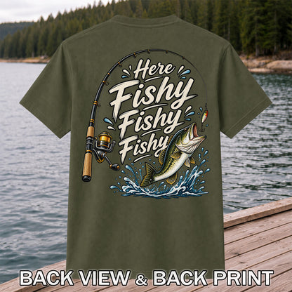 Here Fishy Fishy Fishy Funny Bass Fishing Graphic T-Shirt | Back Print