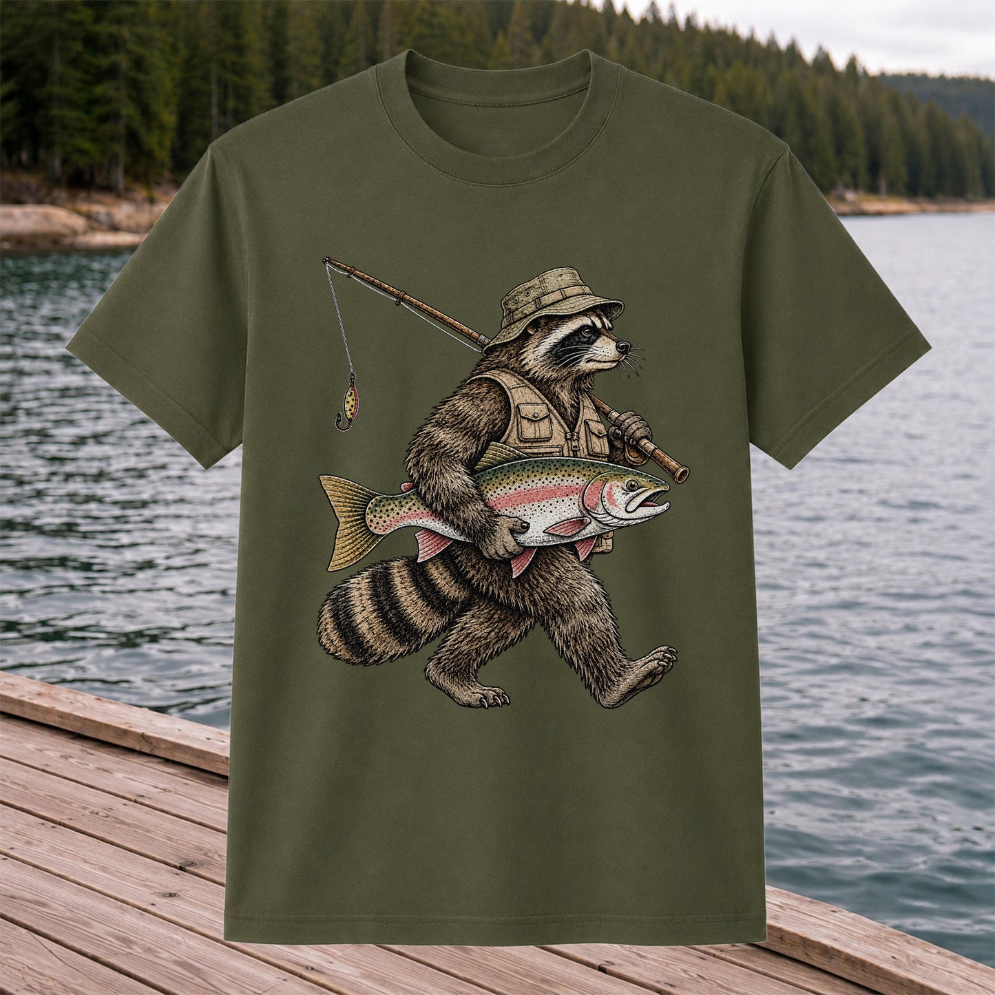 Raccoon Angler Holding Rainbow Trout Fishing Graphic T-Shirt
